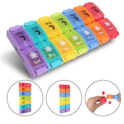Anpole 7 Day Pill Organizer(Twice-a-Day),Colorful Weekly Pill Box Case BPA Free with Easy Open Design and Large Capacity to Hold Vitamins/Fish Oil/Supplements and Medication (14-Compartment)