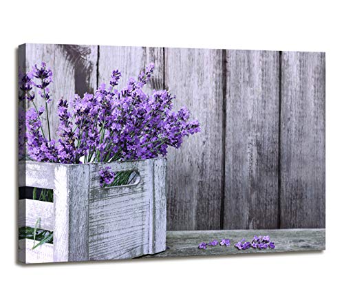 HlpiAMok HOMIEBUDS Canvas Prints Rustic Home Decor Canvas Wall Art - Purple Lavender Flowers on Vintage Wood Background Modern Living Room/Bedroom Decoration Stretched and Ready to Hang