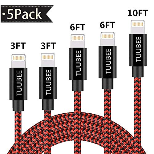 Book Cover iPhone Charger Cable TUUBEE iPhone Lightning Cable 5Pack 3FT/6FT/10FT Long Nylon Braided USB iPhone Data Cable Wire Fast Charging Cord Compatible iPhone XS/MAX/XR/X/8/7/6/iPad/iPod (Red)