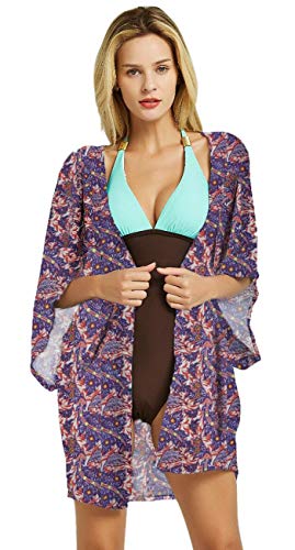 MLbxxk Women's Floral Print Kimono Cardigan Sheer Chiffon Loose Puff Sleeve Summer Beach Swimwear Cover Up -  Red -  X-Large