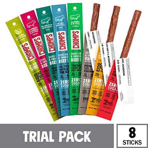 Book Cover CHOMPS Grass Fed and Free Range Meat Sticks Variety Pack, Trial Pack of 8 Flavors | Keto, Whole30, Paleo Approved | Non-GMO, Nitrate Free | Sugar Free, Gluten Free