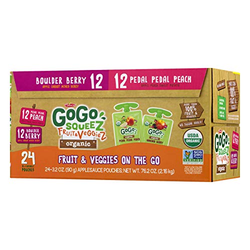GoGo squeeZ Organic Fruit & VeggieZ on the Go, Variety Pack (Apple Berry/Apple Peach), 3.2 Ounce (24 Pouches), Gluten Free, Vegan Friendly, Healthy Snacks, Unsweetened, Recloseable, BPA Free Pouches