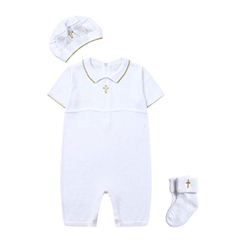 HAPIU Baby Boy Baptism Outfit with Hat and Socks,Christening Outfit-Cross Detail