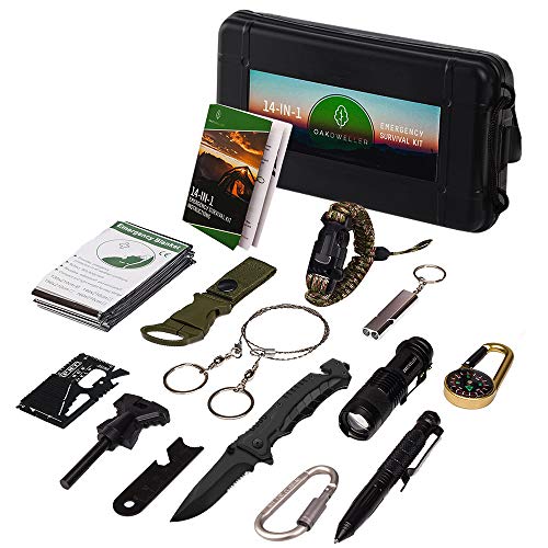 Oak Dweller Emergency Survival Kit 14 in 1, EDC Survival Gear Tool with Fire Starter, Tactical Pen, Flashlight, for Camping, Hiking, any Outdoor Adventure or Wilderness, Best Gifts for Men Dad (green)