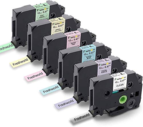 Freshworld Compatible Tape Replacement for Brother P-Touch TZ 12mm 0.47Inch Laminated Label Maker Tape (Clear/Purple/Blue/Pink/Lemon Yellow/Mint Green),for Ptouch PT-D210 PT-H110 PT-D400 D600 1280,6P