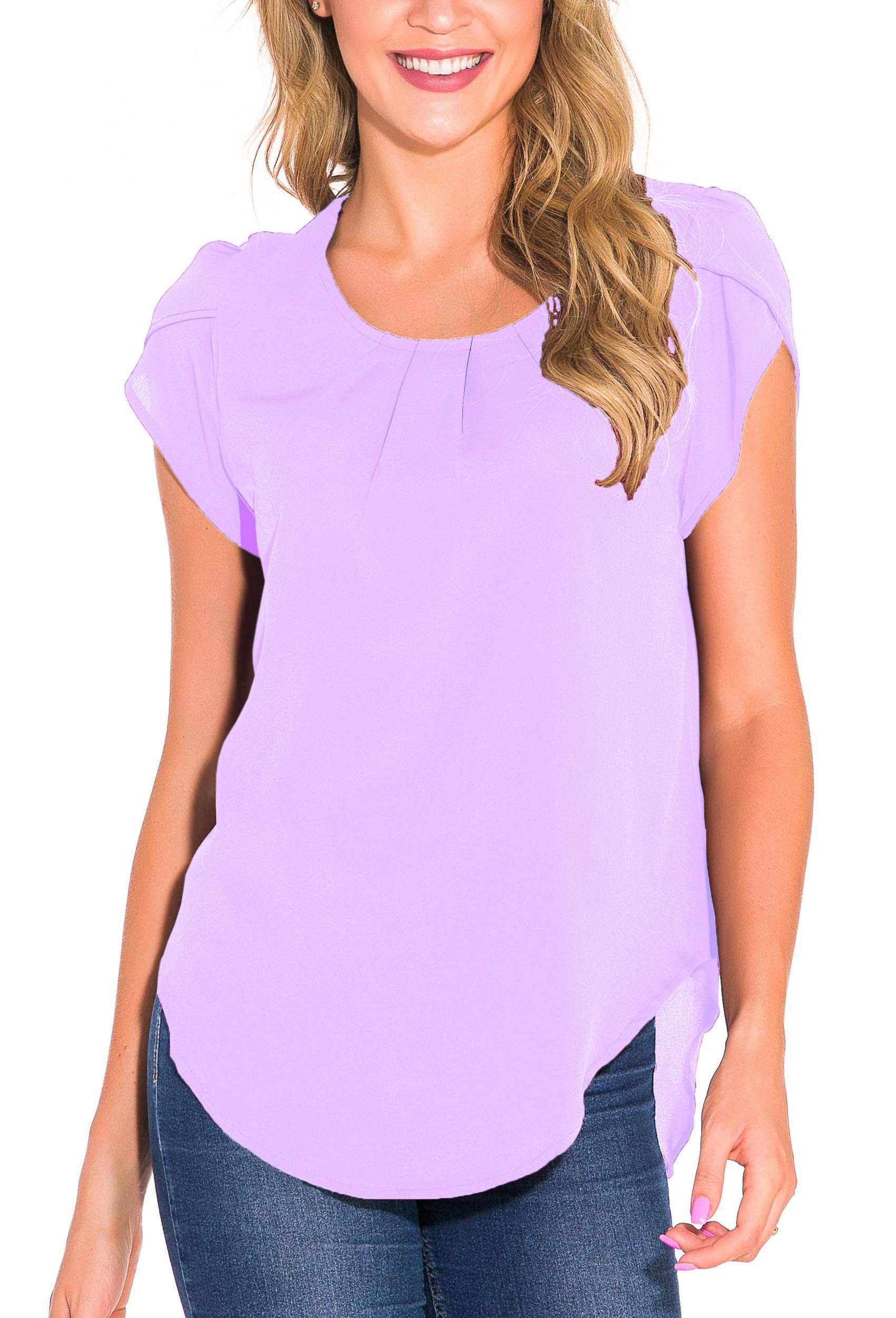 Fronage Women's Summer Short Sleeve Pleated Tops Work Casual Keyhole Back Shirts Blouse Small Light Purple