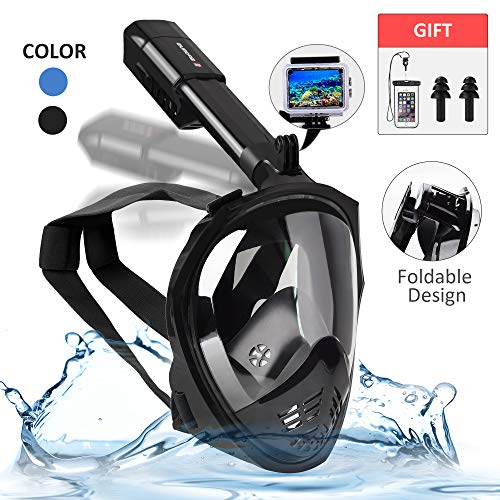 SPORUS Snorkel Mask Full Face, Diving Mask Anti-Fog 180Â°Panoramic View with Foldable Tube for Adults and Kids Black L/XL