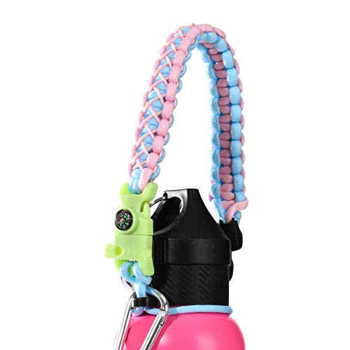 QeeLink Paracord Hande Compatible with Hydro Flask Standard Mouth Water Bottle Carrier with Safety Ring Holder | Simple Modern Ascent Water Bottle Strap - 12 oz, 18oz, 21 oz, 24 oz (Glow Pink)