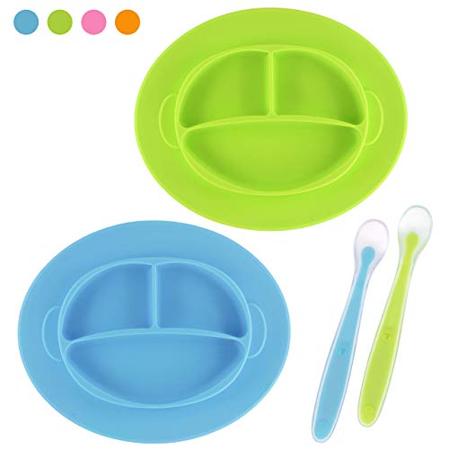Best Baby Silicone Plate - Mini Plate - Toddler Plate for Self Feeding - First Years Mini Mat - Divided Plate BPA Free, Dishwasher Safe - Includes Silicone Spoon