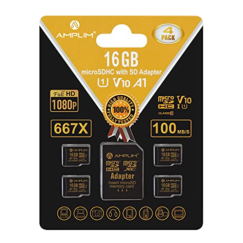 Amplim Micro SD Card 16GB, 4 Pack MicroSD Memory Plus Adapter, MicroSDHC Class 10 UHS-I U1 V10 TF Extreme High Speed Nintendo-Switch, GoPro Hero, Raspberry Pi, Phone Galaxy, Camera Cam, Tablet, PC