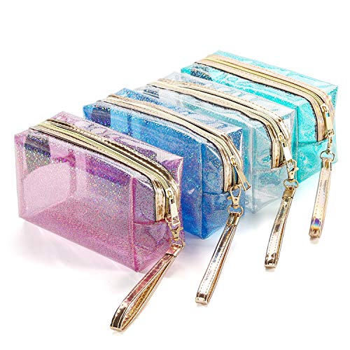 4Pcs Waterproof Cosmetic Bags PVC Transparent Zippered Toiletry Bag with Handle Strap Portable Clear Makeup Bag Pouch for Bathroom, Vacation and Organizing