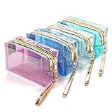 4Pcs Waterproof Cosmetic Bags PVC Transparent Zippered Toiletry Bag with Handle Strap Portable Clear Makeup Bag Pouch for Bathroom, Vacation and Organising