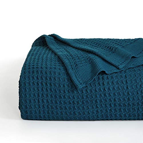 Book Cover Bedsure 100% Cotton Blankets Queen Size for Bed - Teal 405GSM Waffle Weave Soft Lightweight Thermal Bed Blankets Queen Size, 90x90 inches
