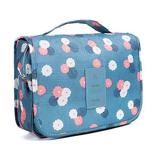 Toiletry Bag for Women,Portable Makeup Bag, Hanging Cosmetic Bag with Sturdy Hook for Home Travel and Bathroom(Blue Flowers)