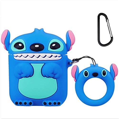 Book Cover Mulafnxal Compatible with Airpods 1&2 Case,Cute Cartoon Character Silicone Air pod Funny Cover,Kawaii Fun Cool Keychain Design Skin,Fashion Cases for Girls Kids Teens Boys Airpods(3D Blue Stitch)