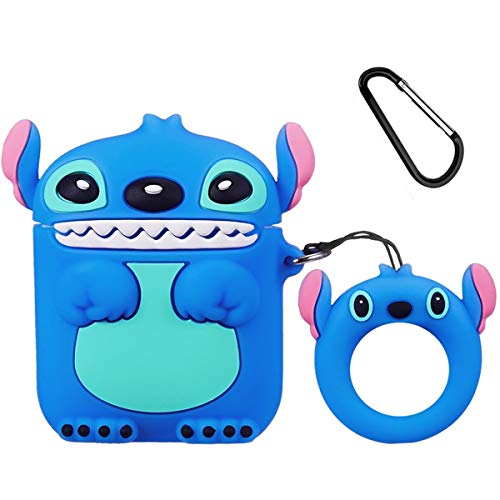 Mulafnxal Compatible with Airpods 1&2 Case,Cute Cartoon Character Silicone Air pod Funny Cover,Kawaii Fun Cool Keychain Design Skin,Fashion Cases for Girls Kids Teens Boys Airpods(3D Blue Stitch)