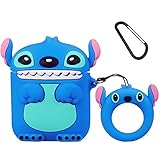 Mulafnxal Compatible with Airpods 1&2 Case,Cute Cartoon Character Silicone Air pod Funny Cover,Kawaii Fun Cool Keychain Design Skin,Fashion Cases for Girls Kids Teens Boys Airpods(3D Blue Stitch)