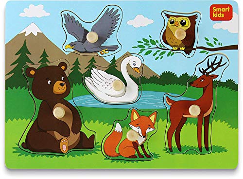Smart Kids - Wooden Puzzles for Toddlers â€“ Toddler Puzzles Set Forest Animals - Thick Wooden Construction with Big knobs and Hard Box â€“ 6 pcs.