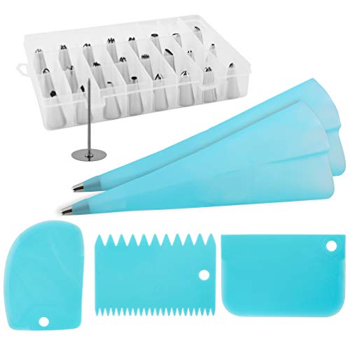 32 Piece Cake Decorating Kit â€“ Stainless Steel Baking Supplies, Icing and Piping Tips and Bags, Scrapers, Couplers, Stud â€“ Convenient Storage Box Included â€“ Easy to Use and Dishwasher Safe