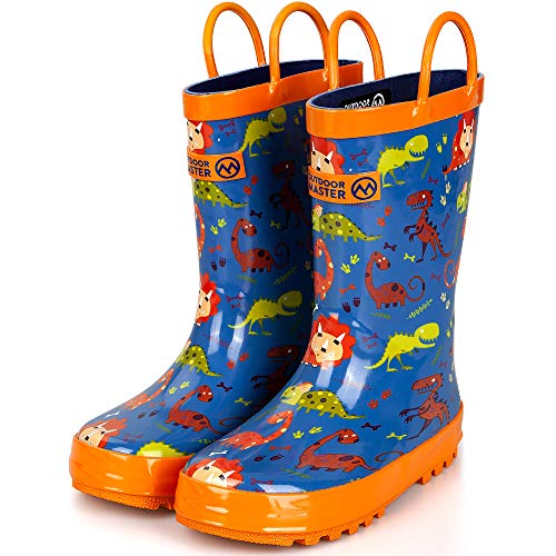 OutdoorMaster Kids Rain Boots - Illustrated Gift Bag, Easy-On Handles, BPA-Free Anti-Slip Rubber & Comfortable Insole - for Toddlers and Kids - Dino Wilderness - 10 Toddler