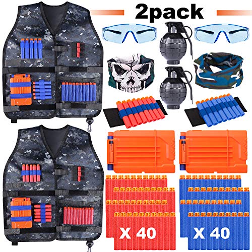 Giftinthebox 2 Pack Adjustable Kids Tactical Jacket Vest Kit for with 80 Bullets Refill Darts 2 Toy G-renade, 2 Reload Clip, 2 Face Mask, 2 Protective Glasses