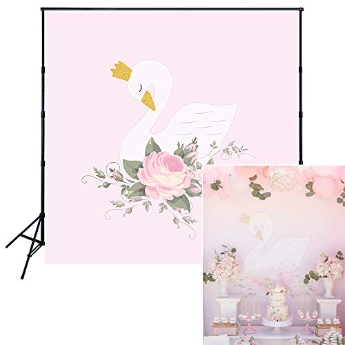 Muzi White Swan Pink Flowers Birthday Backdrop Golden Crown Baby Shower Decoration Photography Background Cake Dessert Banner Children Photo Portrait Studio Props 150x150cm W-1893