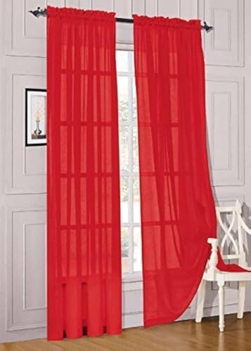 Jasmine Linen 2 pc Sheer Curtain Panel Set for Kitchen/Bedroom 84" inch Long Variation of Colors (Red)