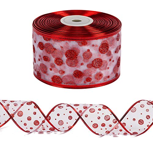 LaRibbons Wired Christmas Holiday Ribbon - Red Swirl Sheer Glitter Ribbon - 2.5 inch x 25 Yard Each Roll - Red Wired Edge