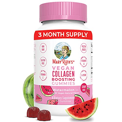 Book Cover Vegan Collagen Boosting Gummies for Hair Skin & Nail Health by MaryRuth's | 3 Month Supply | Plant Based Supplement w/ Lysine Vitamin A, C, Alma Fruit Complex | Animal Peptide, Sugar Free | Watermelon