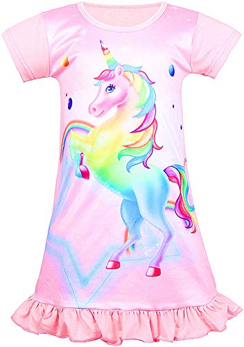 Girls Nightgown Unicorn Princess Pajamas Rainbow Cute Printed Sleepwear Nightie Dresses Unicorn Gift for Girls,Grsy-Light rainbow-S110
