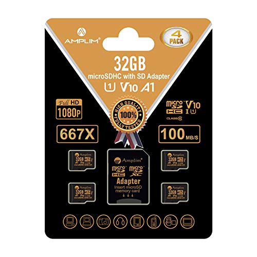 Amplim 32GB Micro SD Card 100MB/s V10 A1 UHS-I Class 10 U1 Full HD microSDHC Memory Card with Adapter, Nintendo-Switch Compatible - 4 Pack - Gold