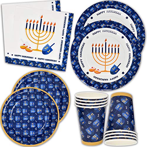 Hanukkah Plates and Napkins for 24 Guests includes 24 9" Dinner Plates 24 7" Dessert Plates 24 9 oz Cups and 48 Luncheon Napkins Party Paper Plate Goods Supplies Decorations for Dinner Parties