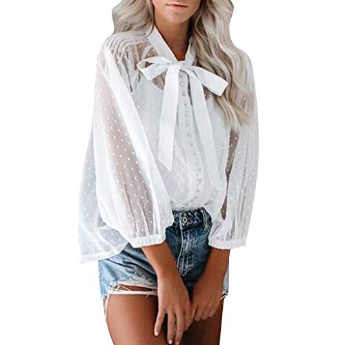 CHAELAKES Women Lace Tops Casual Sleeveless/Long Sleeve O Neck Pleated Loose Hem Sexy Tank Top Blouse Shirt