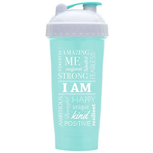 GOMOYO Motivational Quotes on Performa Perfect Shaker Bottle, 28oz Classic Protein Shaker Bottle, Actionrod Mixing, Dishwasher Safe, Leak Proof (I Am - Mint - 28oz)