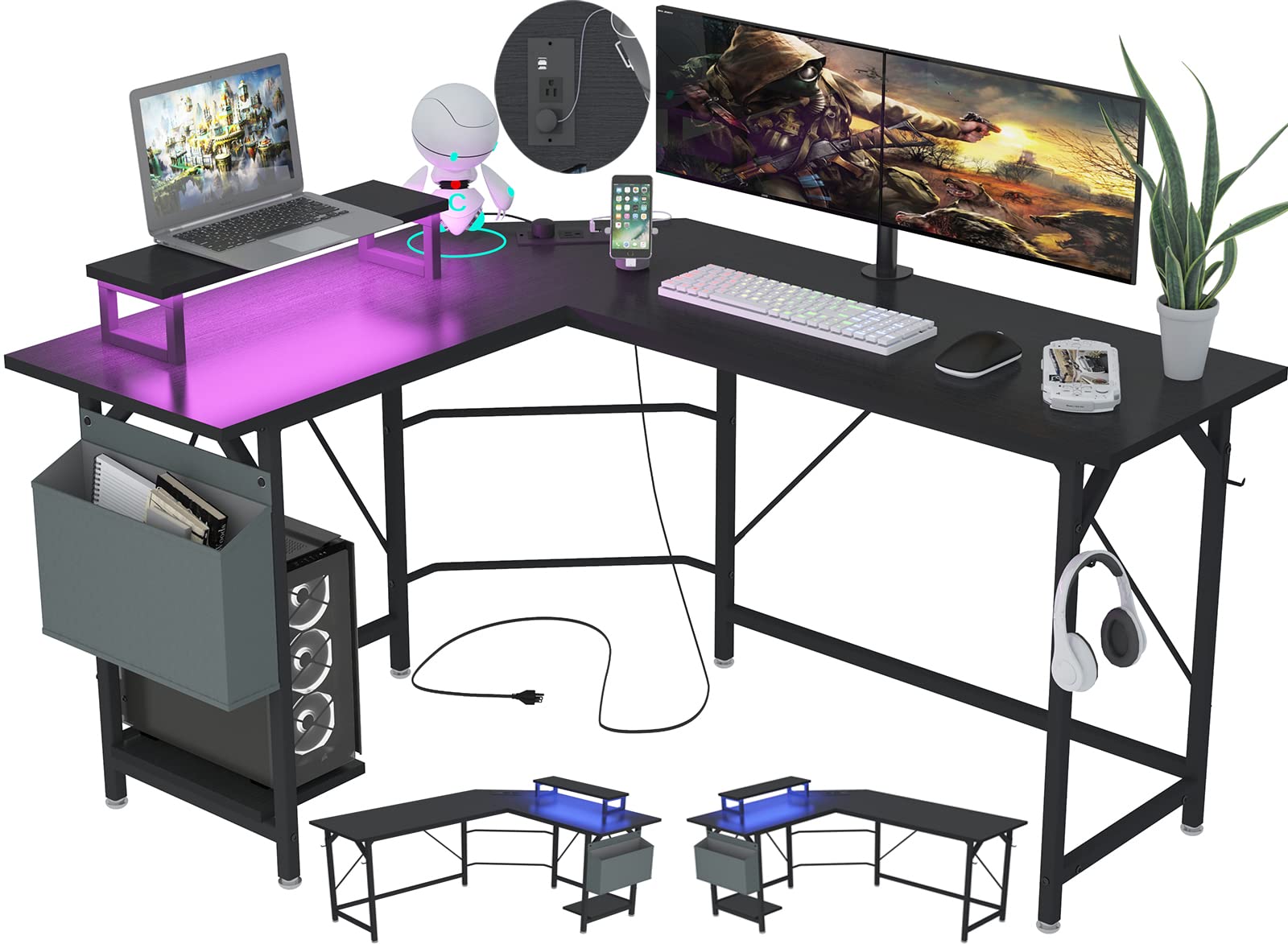 Book Cover SZXKT Gaming Desk with Monitor Stand and Power Outlets,l Shaped Desk with Storage and LED Lights,Home Office Reversible Corner Computer Desk with Hooks (Black) 59 Inch Black