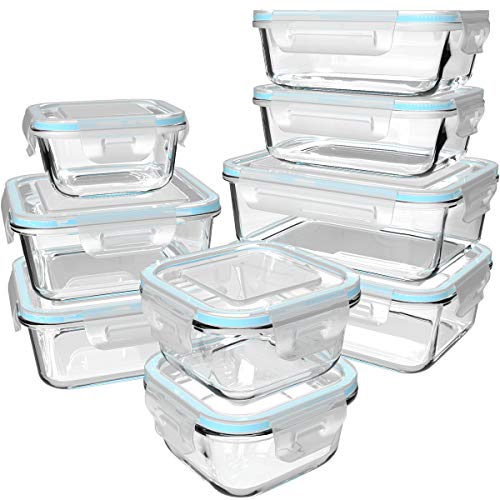 Book Cover 18 Piece Glass Food Storage Containers with Lids, Glass Meal Prep Containers, Glass Containers for Food Storage with Lids, BPA Free & Leak Proof (9 lids & 9 Containers)