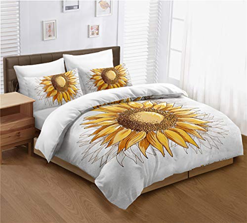 Sunflower Duvet Cover Set Queen Size, Yellow Sunflowers Painting Effect and in Minimalistic Design Artwork, Decorative 3 Piece Bedding Set with 2 Pillow Cases, Modern Style for Men and Women