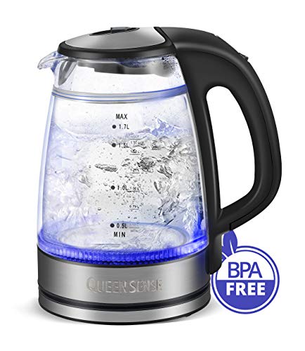 Electric Water Kettle Glass Double Wall Cordless with Blue LED Light, 1.7L 1500W Tea Kettle, Fast Water Boiler, Automatic Shutoff, Boil Dry Protection