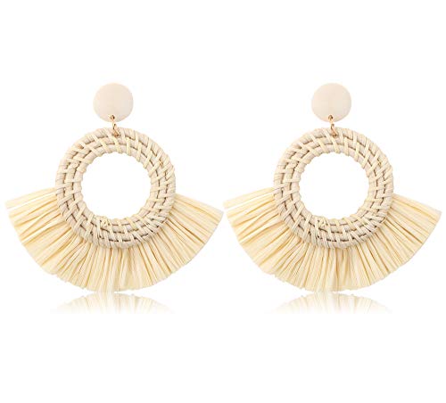 FUNRUN JEWELRY Rattan Tassel Earring for Women Straw Wicker Drop Dangle Raffia Earring Geometric Handmade Statement Hoop Earring Lighweight