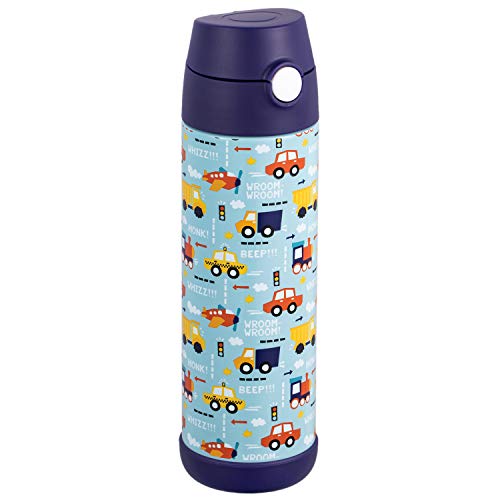 Snug Kids Water Bottle - insulated stainless steel thermos with straw (Girls/Boys) - Vroom, 17oz