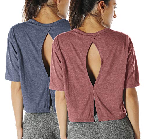 icyzone Open Back Workout Top Shirts - Yoga t-Shirts Activewear Exercise Crop Tops for Women(Pack of 2)