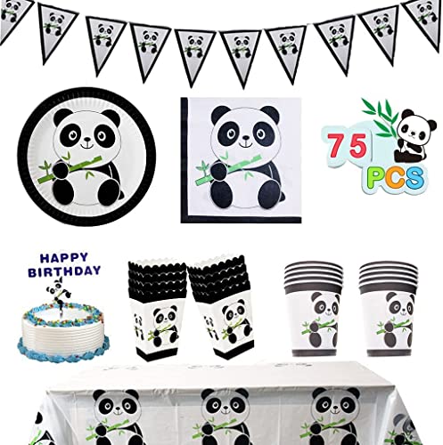 DreamJ 121Pcs Panda Party Supplies, Panda Disposable Tableware Set with Panda Plates Cups Napkins Straws Panda Banner Tablecloth Popcorn Boxes Cake Topper Dragon Blowing For Baby Shower Decorations