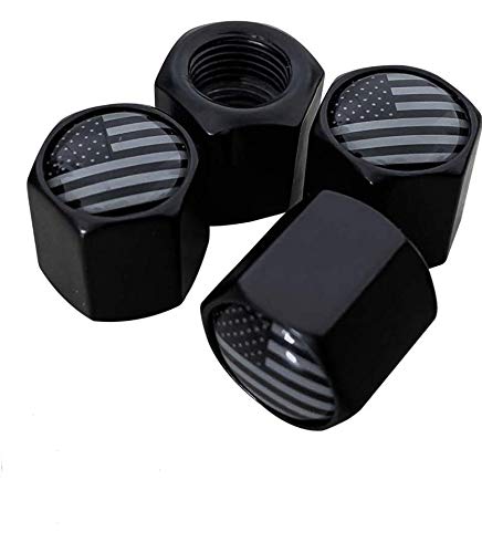 American Flag Valve Stem Cap - Black Subdued USA Aluminum with Rubber Ring Tire Wheel Rim Dust Cover fits Cars, Trucks, Bikes, Motorcycles, Bicycles (4 Pack)