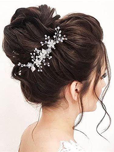 Asooll Pearl Bride Wedding Hair Comb Crystals Bridal Hair Clip Flower Hair Accessories for Women and Girls (Silver)