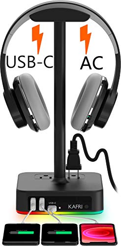 RGB Headphone Stand with USB Charger KAFRI Desk Gaming Headset Holder Hanger Rack with 3 USB Charging Port and 2 Outlet - Suitable for Gamer Desktop Table Game Earphone Accessories Boyfriend Gift