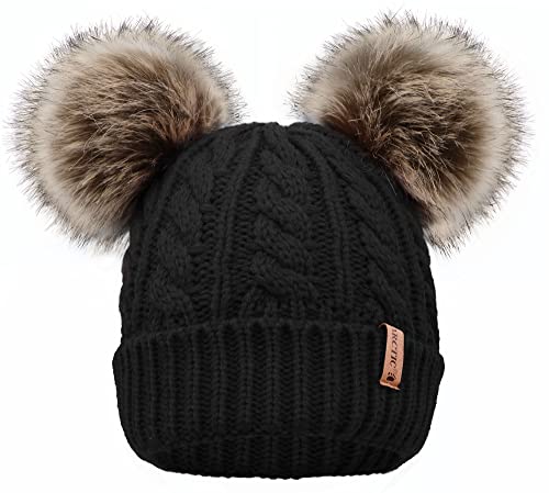 Arctic Paw Womens Pom Pom Beanie Cable Knit Fleece Lined Winter Beanie Womens Black Beanie