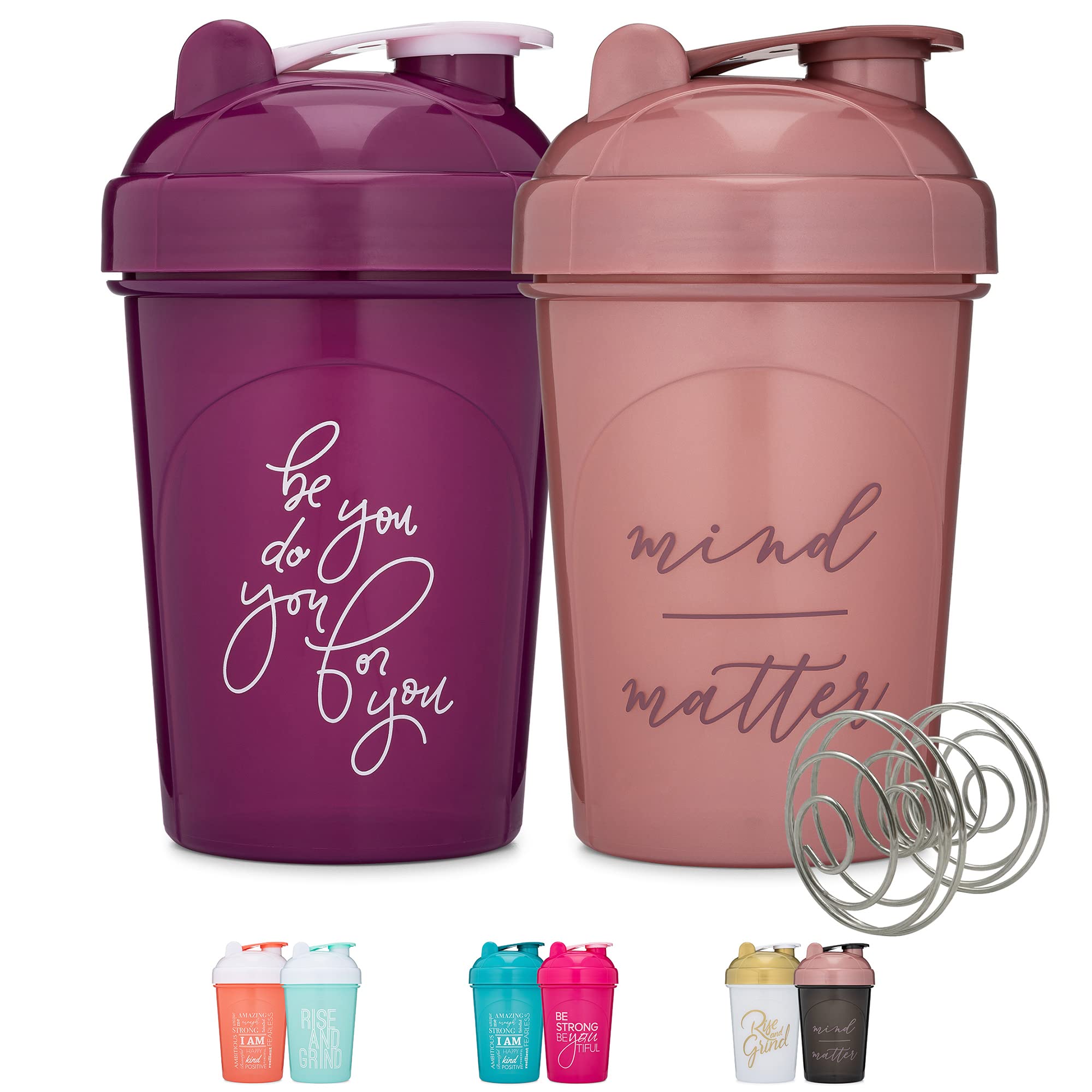 Book Cover [2 Pack] 20-Ounce Shaker Bottle with Motivational Quotes (Be You Plum & Mind Over Matter Rose) | Protein Shaker Bottle with Mixer Agitators | Shaker Bottle for Protein Mixes Pack is BPA Free and Dishwasher Safe 20 Ounces 20oz-2 Pack-Be You Plum