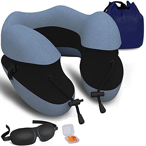 Travel Pillow Best Neck Airplane Support Pillow Memory Foam Pillow Comfortable Breathable Car U Shape Head Pillow with 3D Sleep Mask,Earplugs Bag,Blue