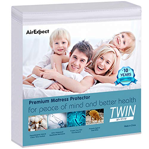 Book Cover AirExpect Waterproof Mattress Protector Twin Size - AirExpect 100% Organic Cotton Hypoallergenic Breathable Mattress Pad Cover,18