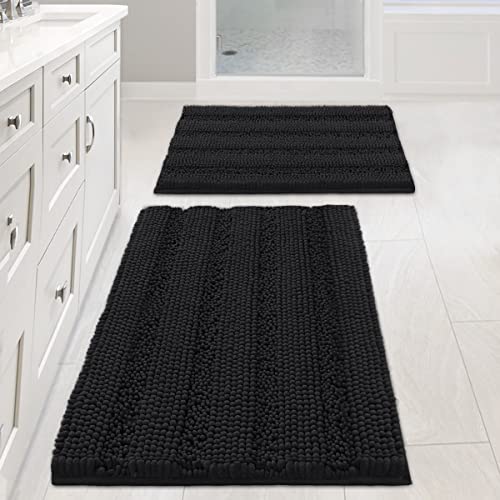 Extra Thick Striped Bath Rugs for Bathroom 2 Piece Bathroom Set Anti-Slip Bath Mats Soft Plush Chenille Yarn Shaggy Mat Living Room Bedroom Mat Floor Water Absorbent (Jet Black, 20" x 32"/17" x 24")